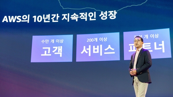 함기호 AWS코리아 대표가 16일 ‘AWS 서밋 서울 2024’에서 발표하고 있다.